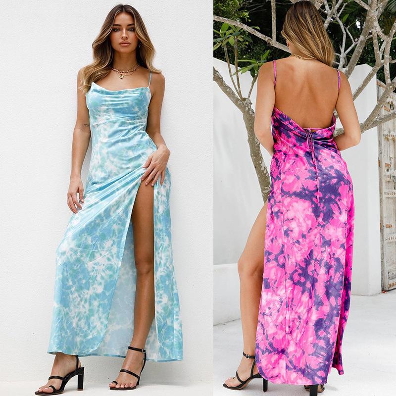 2025 Spring Summer Women's Split Dress Y2k Fashion Floral Print Bohemia Bodycon Dress Sleeveless Sweet A-line Sexy Backless Blue Party Sling Dresses