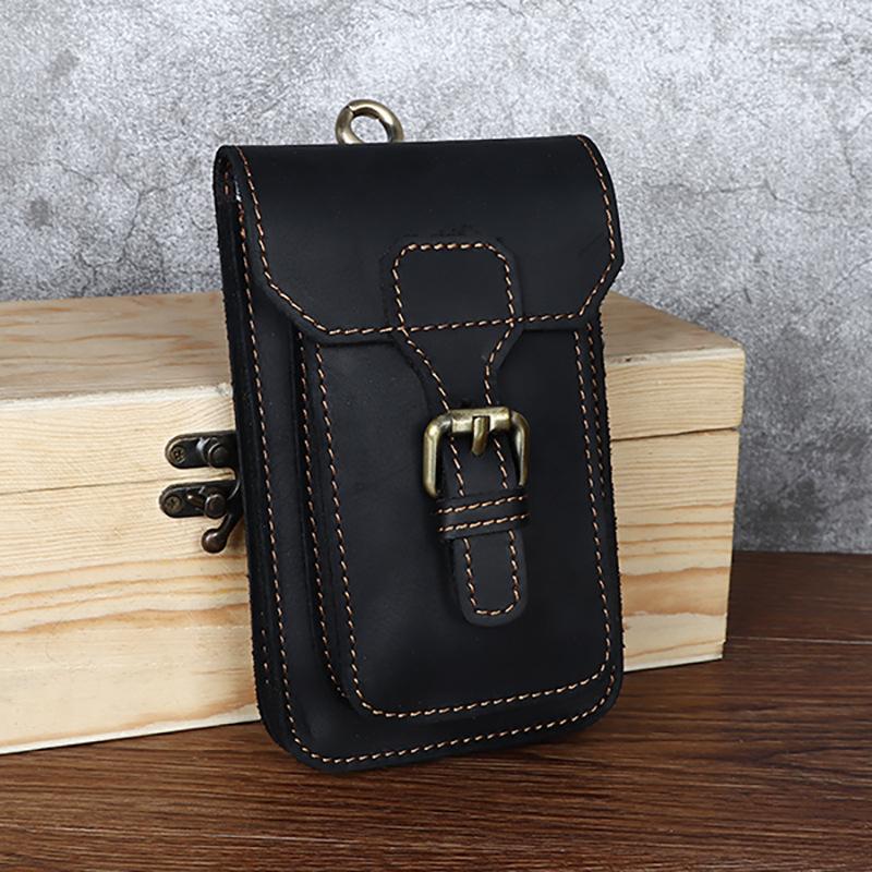 Men's Mobile Phone Bag, Crazy Horse Leather Waist Bag, Outdoor Sports Construction Site Top Layer, Yellow Cowhide Vertical Pants Waist Hanging Bag