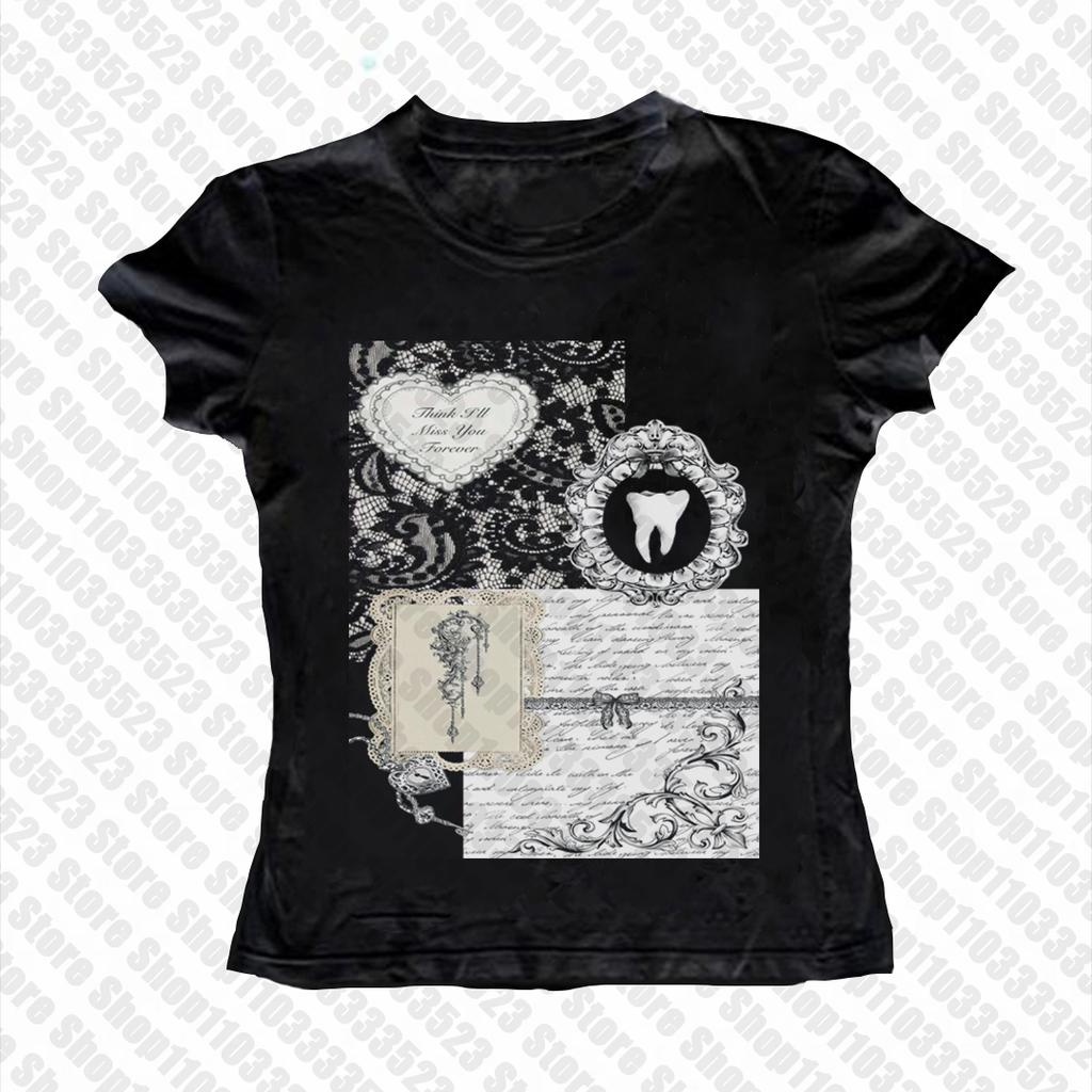90s Letter Tees Tops Aesthetic Streetwear Print Casual T-shirts Gothic Punk Printing Slim Tees Emo Girls Fairy Print Tees Tops