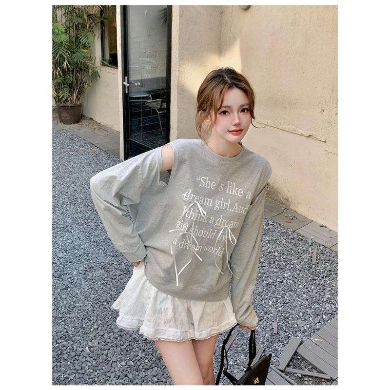 Autumn and Winter New Style Korean Design Bow Hollow Off-shoulder Letter Print Long-sleeved Off-shoulder Sweatshirt for Women