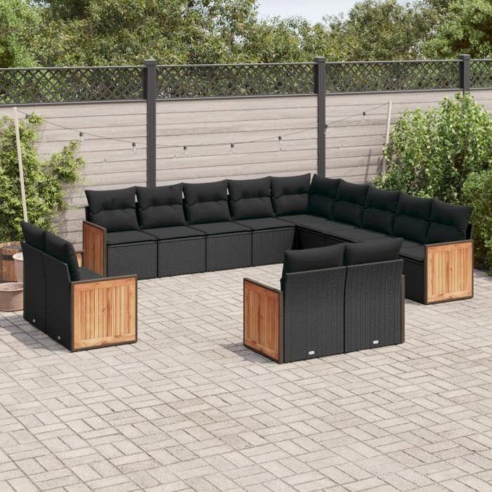 VidaXL Salon de Jardin avec Coussins 13 pcs, Canapés de Terrasse, Ensemble de Meubles de Patio, Mobilier d'Extérieur, Noir 3228204