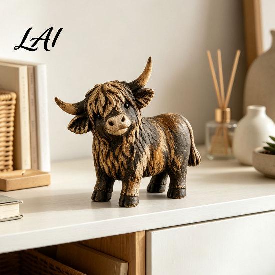 Handmade Highland Cow Gift Farmhouse Figurine Resin Scottish Bull Statue Rustic Hand Carved Crafts Tabletop Ornament Country Style Shelf