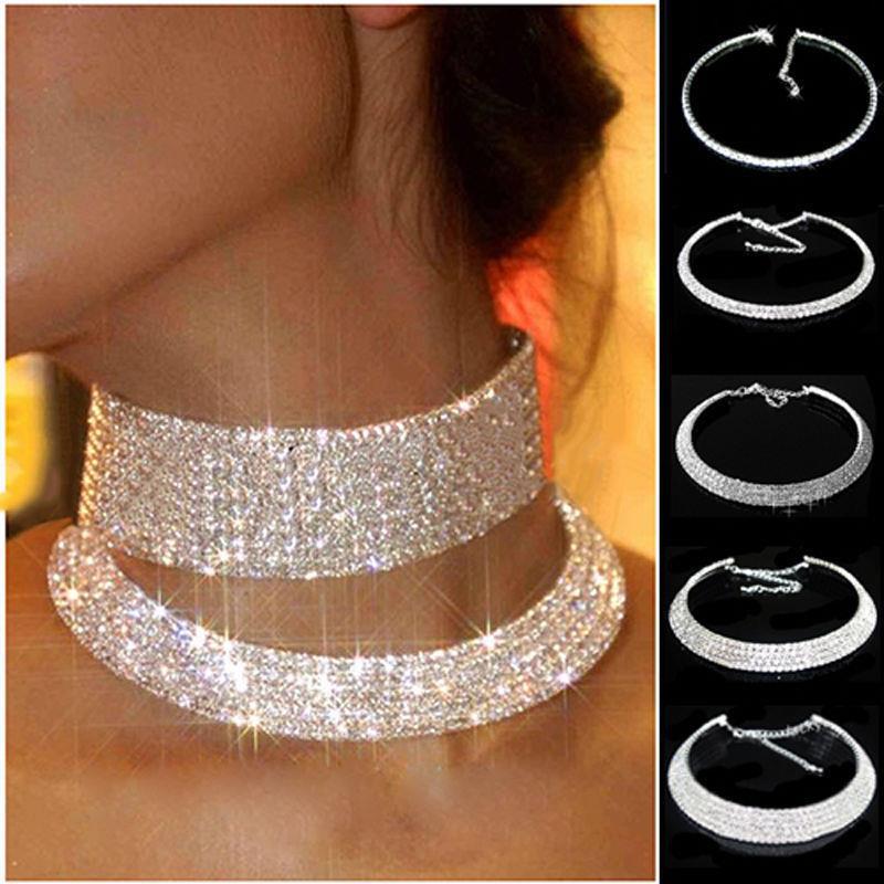

Luxurious Crystal Rhinestone Choker Necklace for Wedding Parties 1-row Gold