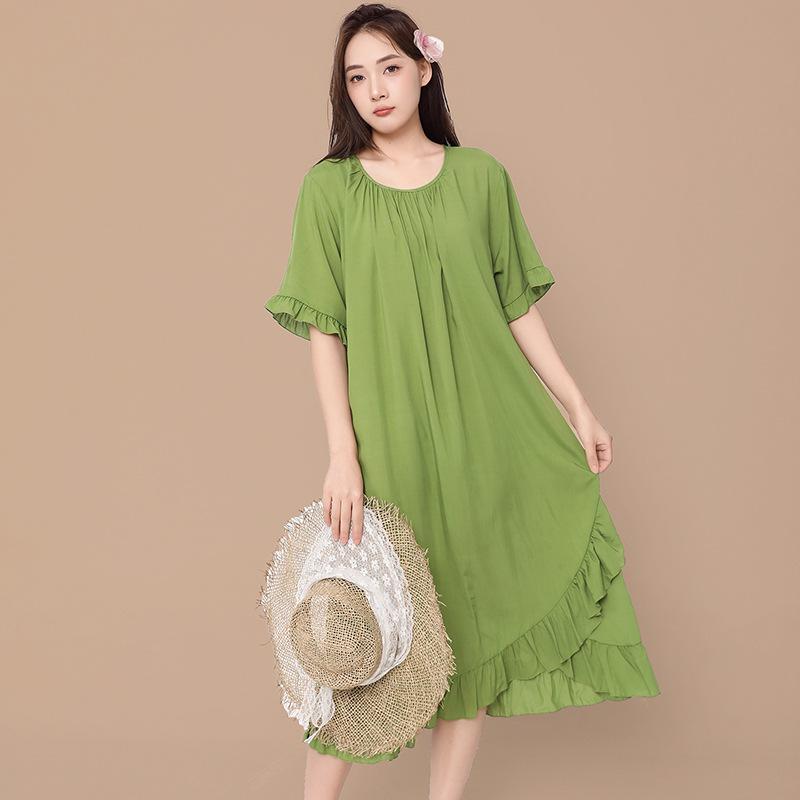 1011 spring and summer new oil painting style nightdress women's cotton and silk loose large size ruffle edge short-sleeved loungewear dress