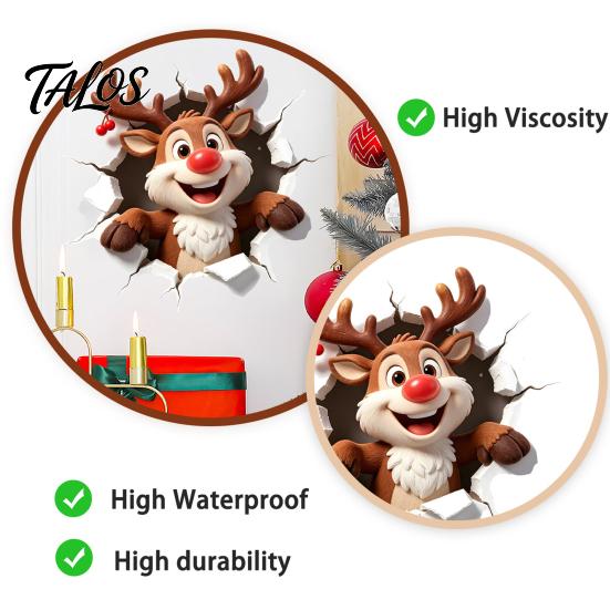 Christmas Party Supplies Reindeer Wall Decal, 3D Hole Illusion Red Nose Rudolph Sticker, Durable PVC Stickers Peel And Stick Waterproof Decor for Kids