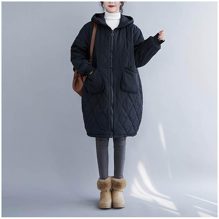 Damska zimowa ocieplana bawełniana kurtka zapinana na zamek, luźny krój, kaptur z dużymi kieszeniami, średniej długości, modna, trendy, koreański rękaw