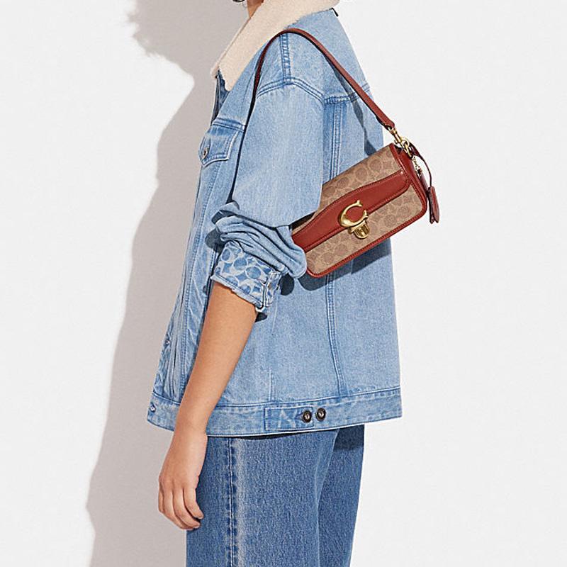 New COACH Studio Cow Leather Shoulder Bag, Small Square Bag, Handbag, Shoulder Bag, Crossbody Bag Women's Brown & Red CE764-B4NQ4