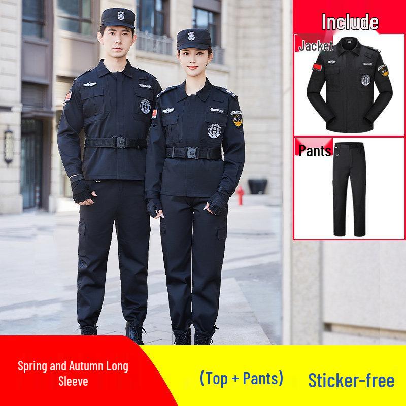 Men's Summer Security Uniform Short-Sleeve Set, Black Duty Training Attire for Property Management Community.