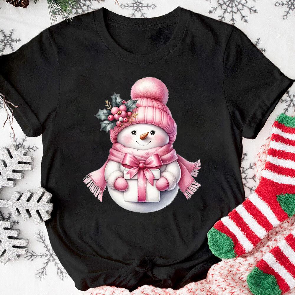 Christmas Pink Snowman T-shirt Christmas Activities TShirts Women Unisex Casual Tops White T-Shirt Graphic TShirt Streetwear