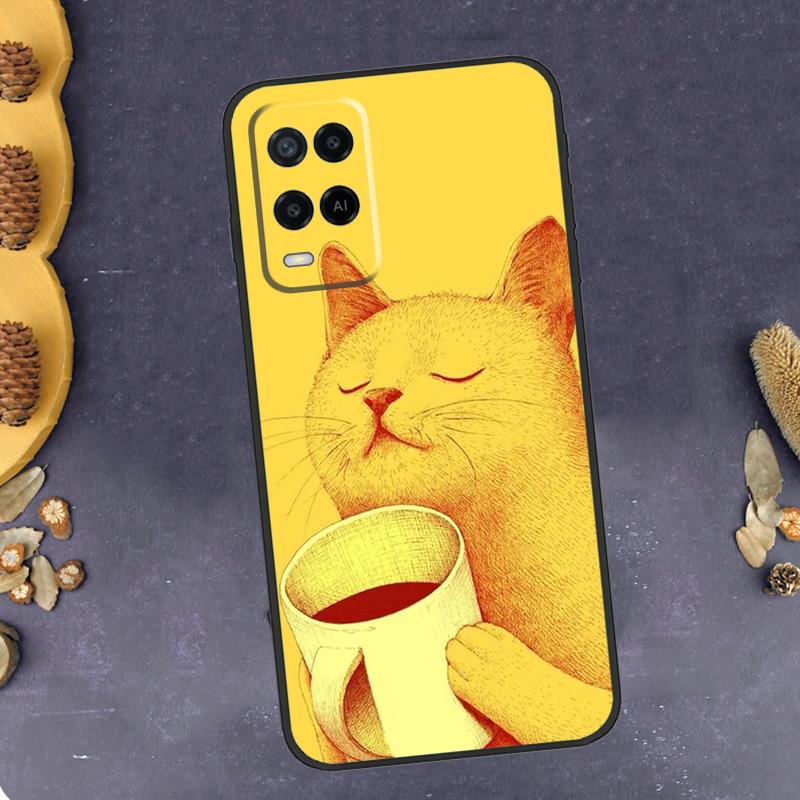 Cute Animal Cat Coffee Phone Case For Oppo A94 A74 A54 A15 A18 A38 A58 A78 A98 A40 A60 A80 A16 A76 A96 A57S A17 A77