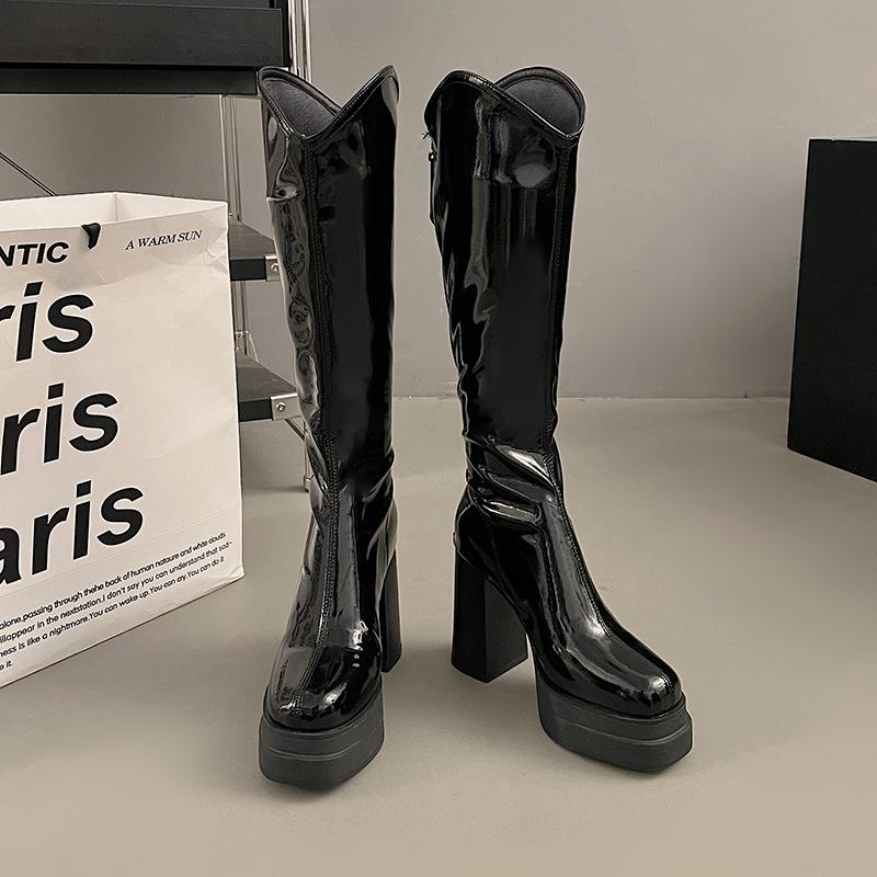 Fashion Women's Boots Fashion Comfy Black White Knee-High Boot Soft Leather Chunky Heel Long Boots Elegant Women Retro Boots Botas Mujer