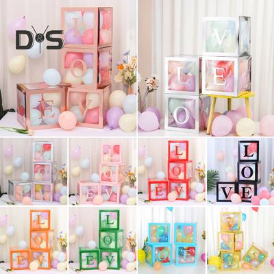 Lot de 4 boîtes à ballons à monter soi-même, boîte en papier transparente, boîte à ballons avec lettres, boîte décorative en cube empilable réutilisable pour fête, mariage, anniversaire