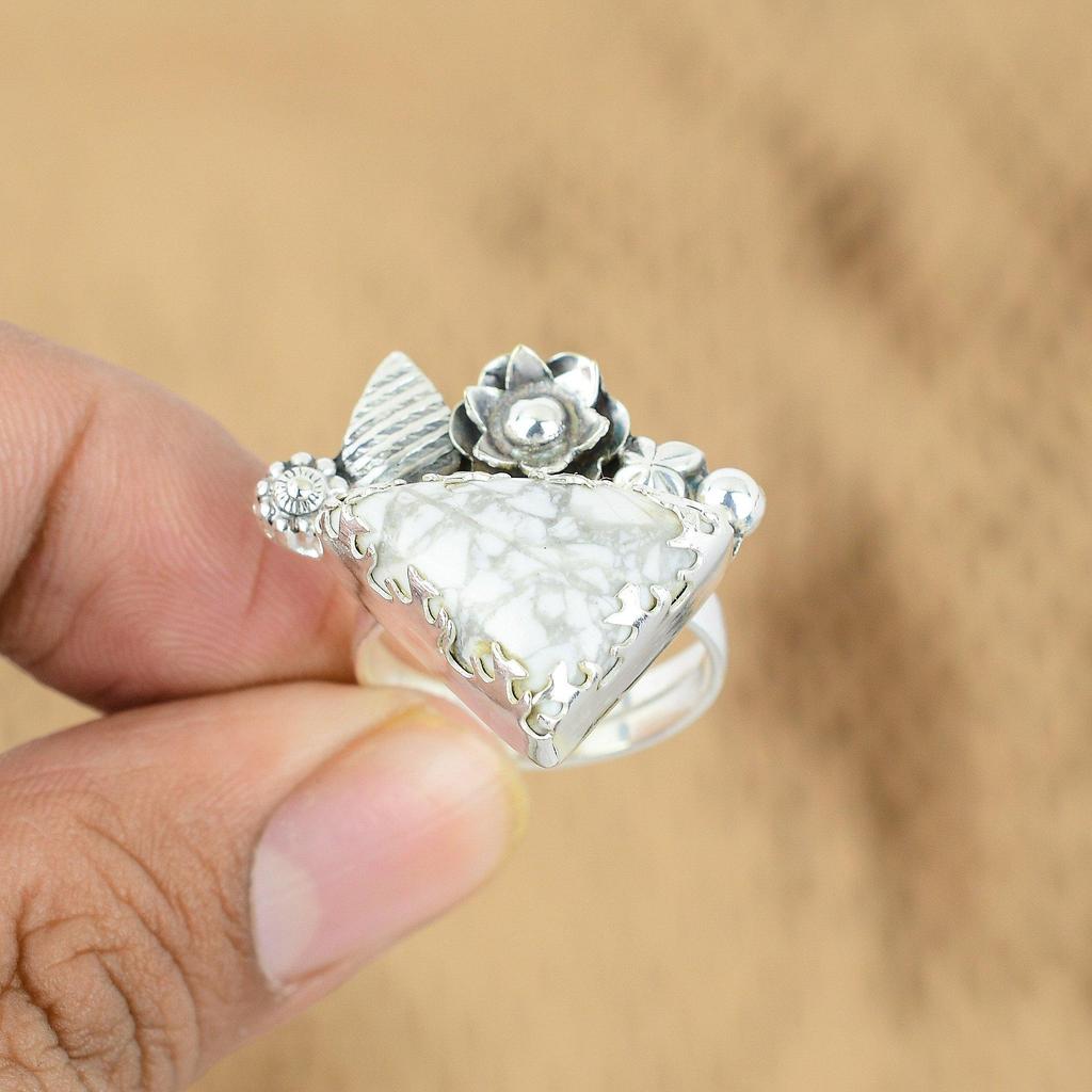 Mothers day Sale Howlite Gemstone Unique Promise Flower Ring 925 Sterling Silver