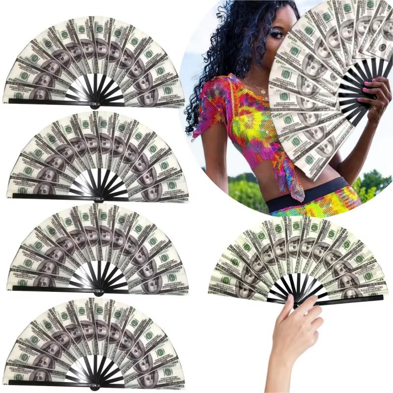 Large Folding Hand Tear Fan (Dollar Pattern) - Music Festival Fan, Dance Fan, Gift & Unique Decorative Fan