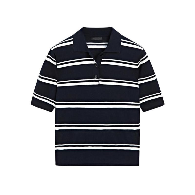 MD Women's Spring Clothing American Preppy Style Sea Blue Stripes Slim Fit Short-Sleeved Knitting Polo Shirt 5664684