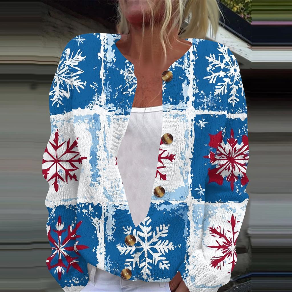 Women's Fashion Printed Long Sleeve Knitted Cardigan Button Down Jacket