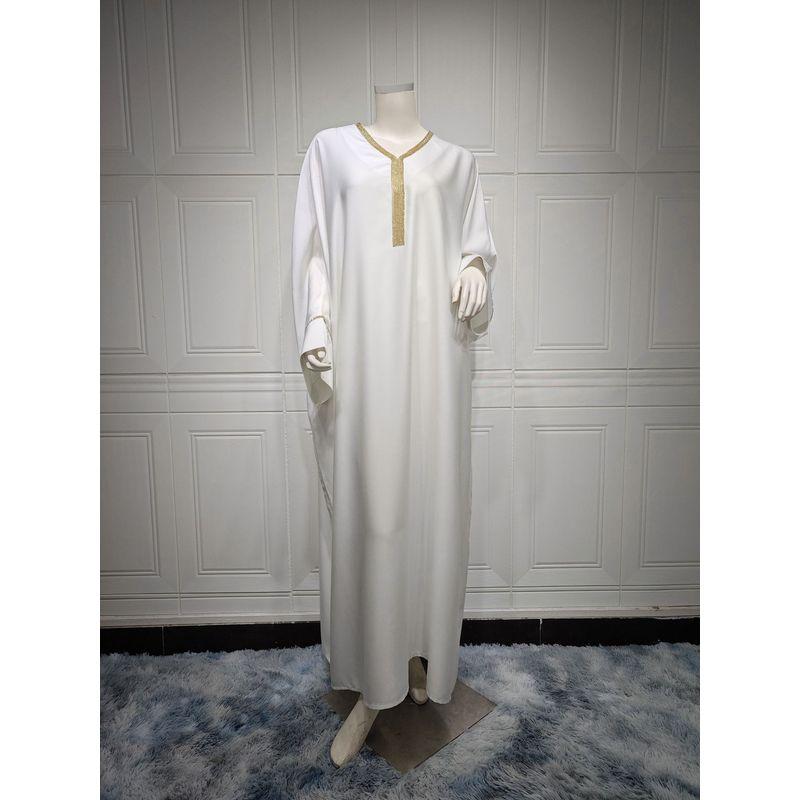 

Индонезийский Арабский Металл Инкрустированный Бриллиантами Модный Универсальный Платье Большого Размера Рукав Летучая Мышь Джеллаба Платье-Халат White Free size