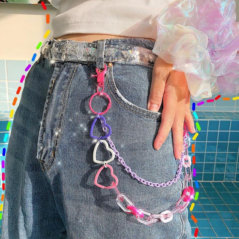 Acrylic Layered Rock Pants Jean Chain Heart Pendant Trousers Chains Biker Thick Wallet Chains Keychains Body Chain for Men Women