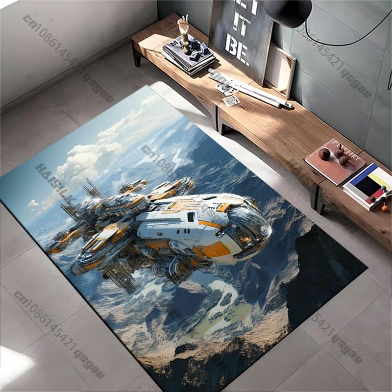 Futuristic Spacecraft Exploring Mountainous Terrain Carpet Yoga Living Room Room Decor Children's Crawling Mat Doormat Rug
