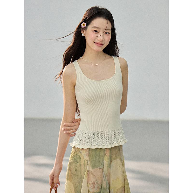 [] Korean Summer New Product Hem Hollow Knitted Crew Neck Vest Commuter Daily Top Women BN