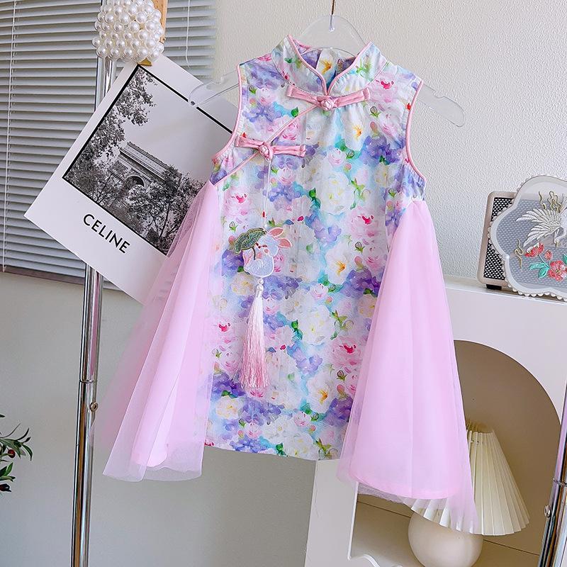 Girls Summer Chinese Mesh Princess Vest Dress Improved Cheongsam Dress 90cm