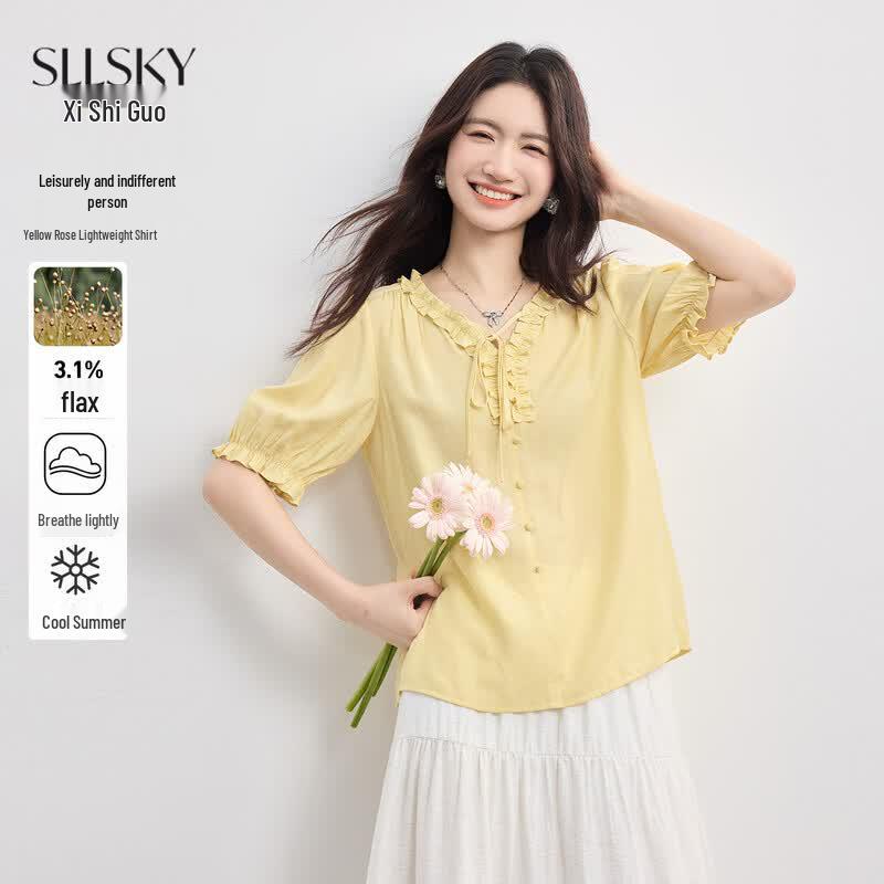 Women s Linen Blend V-Neck Short Sleeve Blouse S