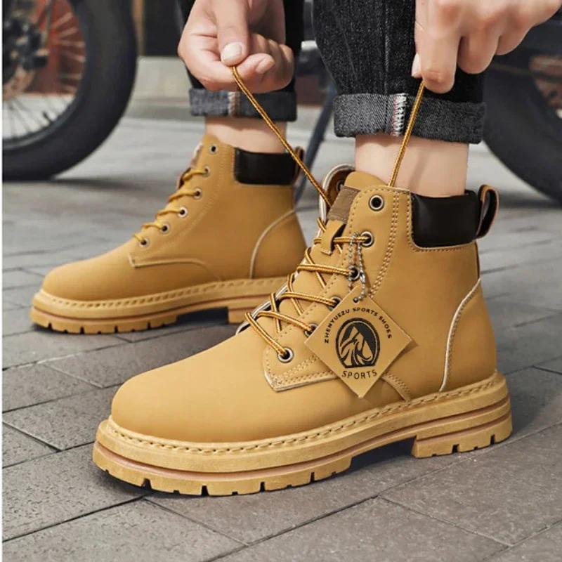 Men's Boots Size 48 Retro British Style High Top Workwear Boots Lace Up Thick Sole Warm Comfort Round Toe Outdoor Leather