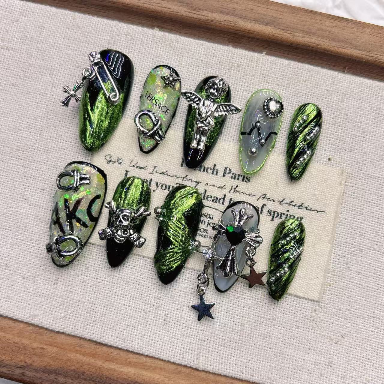 

Квадратні накладні нігті мигдалеподібної форми, французький манікюр, штучні нігті з 3D дизайном, повне покриття, акрилові нігті на клею, штучні нігті на клейкій основі для жінок S