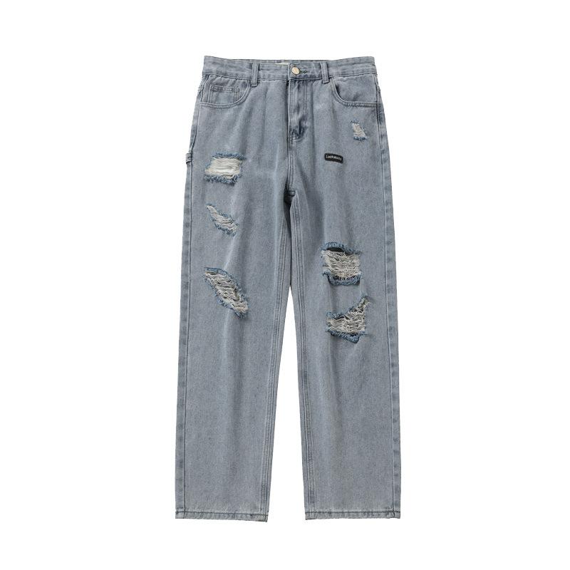 Trendy Men's Large Hole Jeans, Loose Fitting Straight Leg Wide Leg Beggar Pants, Casual Cropped Pants, Men