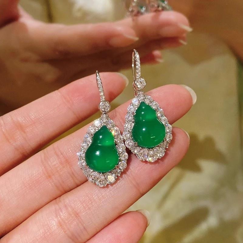 Huitan Green Gourd Imitation Opal Dangle Earrings for Women Sparkling Cubic Zirconia Silver Luxury Wedding Trendy Jewelry