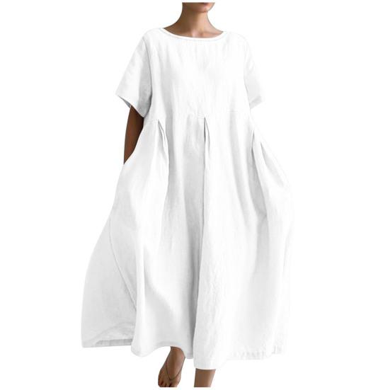 Summer Cotton Linen Dress for Women Short Sleeve Crew Neck A-linen Swing Dress Casual Loose Flowy Beach Sundress with Pockets