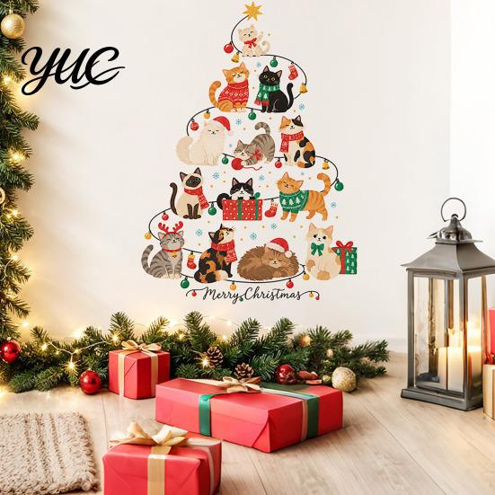 Bedroom Wall Stickers Christmas Tree Shape with Xmas Elements/Puppy/Kitten Patterns, Self-Adhesive PVC Decals, Decorative Decor Removable Art