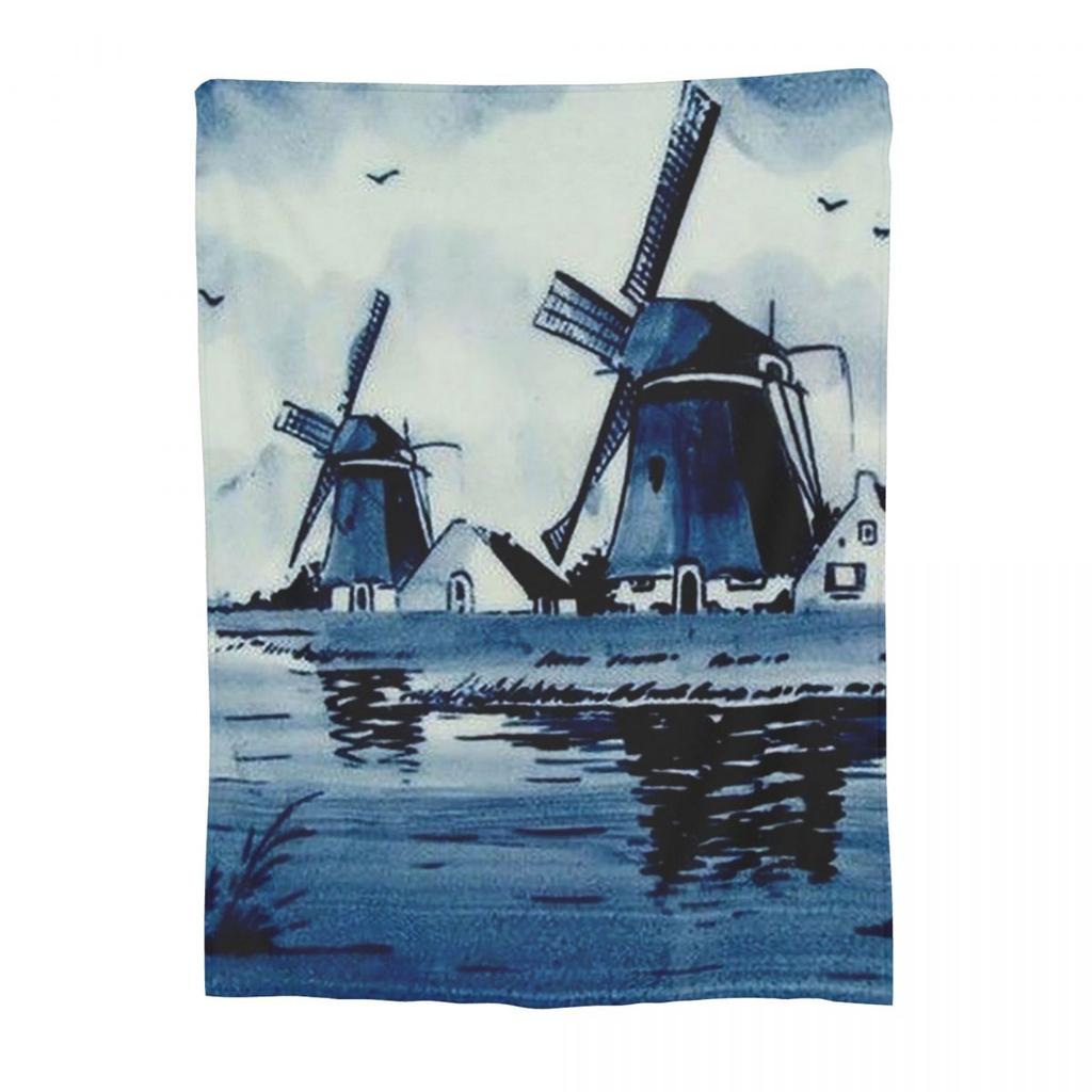 Dutch Blue Delft Vintage Windmill Blanket Fleece Sofa Throw Blanket Breathable for Couch Bedding Office Throws Bedspread Quilt