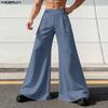 INCERUN Men High Waist Back Elastic Pockets Casual Long Wide Legs Trousers Pants