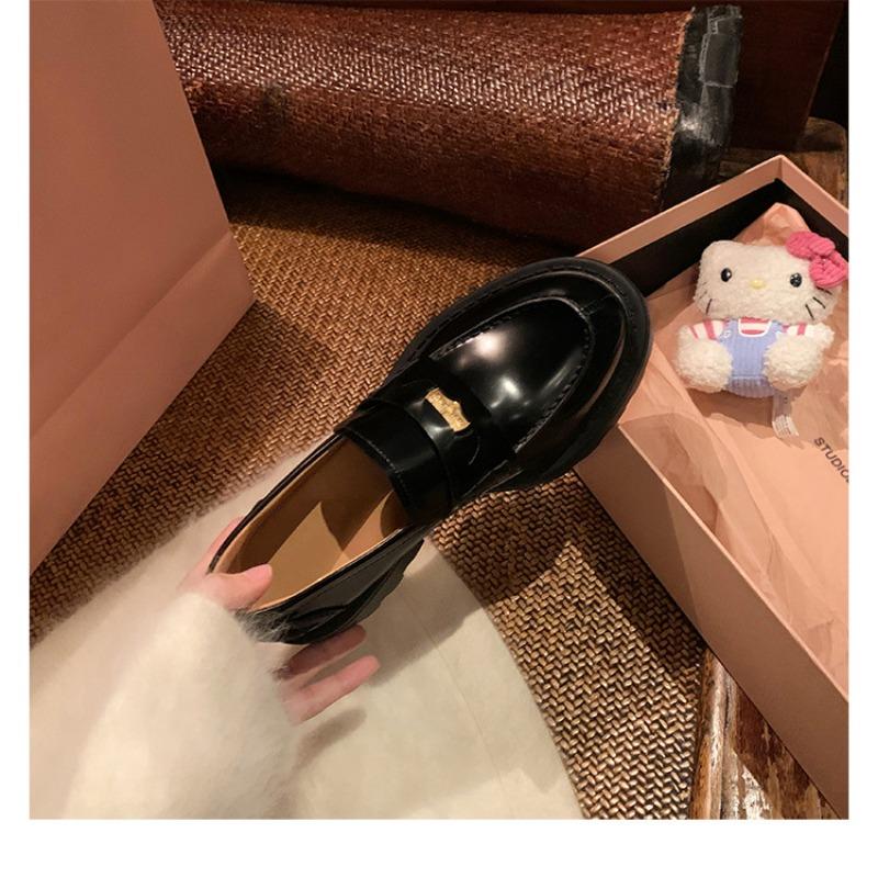 Sheepskin extravagant small gold coins round head small leather shoes thick heel thick sole single shoes one pedal genuine leather with skirt women