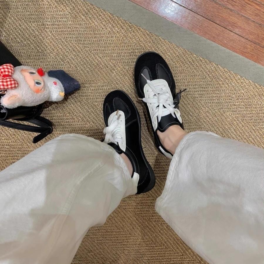 Cowhide Retro Platform German Training Shoes Women's New Knots and Laces Color Matching Casual Sports Shoes Heightening Forrest Gump Shoes Board Shoes