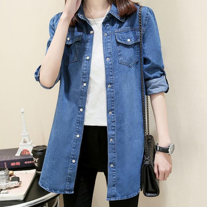 

Весенне-осенняя тонкая джинсовая рубашка средней длины, женская рубашка с длинными рукавами и фигурными манжетами, хлопковая джинсовая куртка большого размера XXXL темно-синий