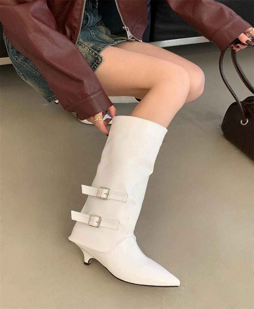 Slim Heel Pointed Brown Maillard Medium Knight Boots Women's Shoes 2025 Spring Autumn Winter Pant Boots Long Boots