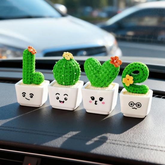 4Pcs/Set Mini Potted Cactus Ornament Cartoon Expression LOVE Shape Cactus Planter Pot Statue Figurine