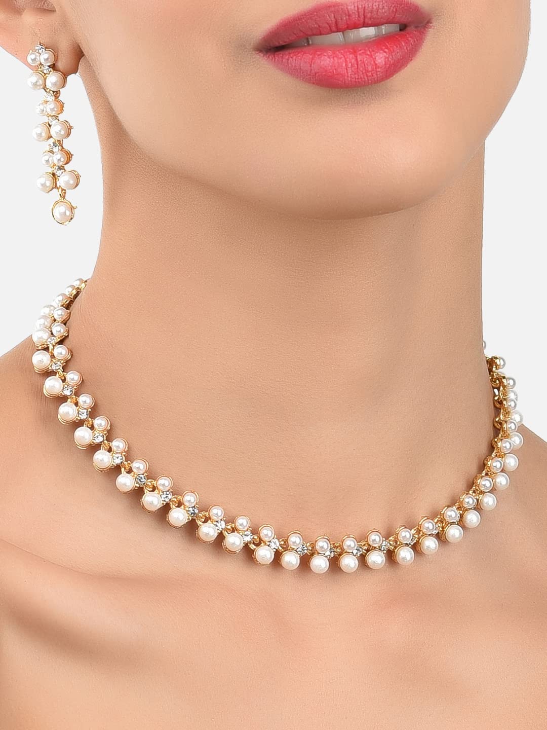 Contemporary Look Pearls Choker Necklace Jewellery Set For Women Onesize