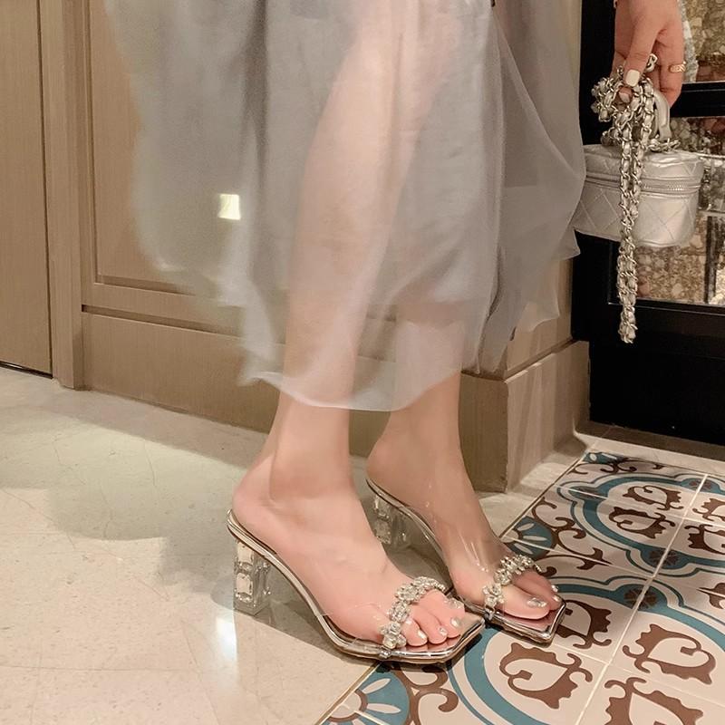 Transparent crystal high heels, sexy rhinestone sandals, thick heels, beautiful cool slippers, fashionable and versatile for women