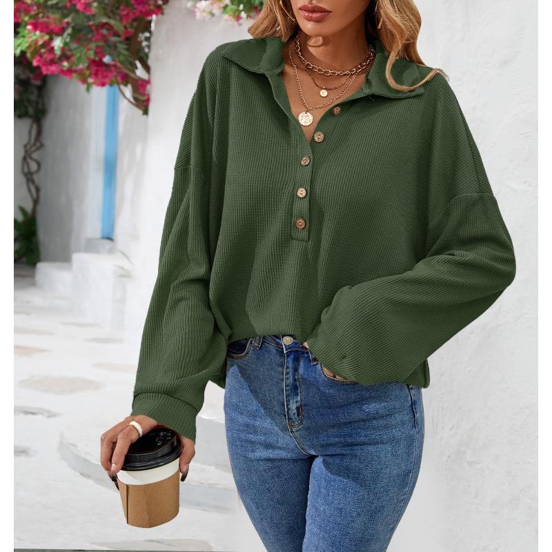 Plus Size Women's New Autumn Lapel Button Solid Color Long Sleeved Top