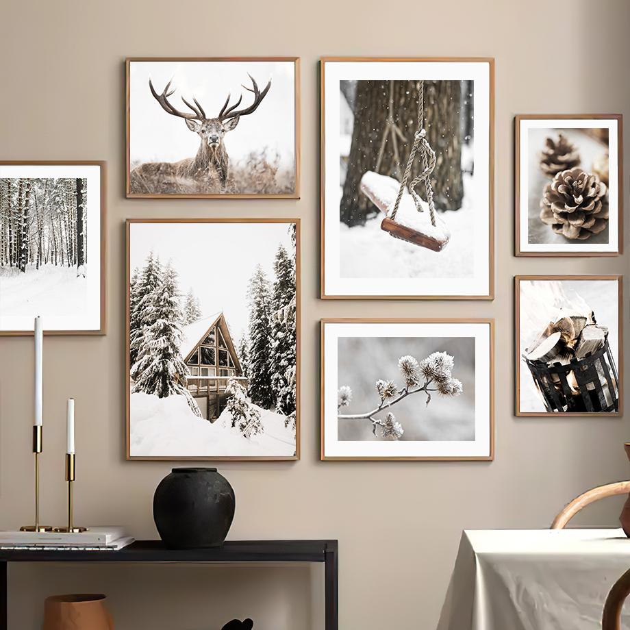 Winter Kiefer Haus Elch Blume Wand Kunst Leinwand Nordic Poster Malerei Und Drucke Wand Bilder Für Wohnzimmer Dekoration