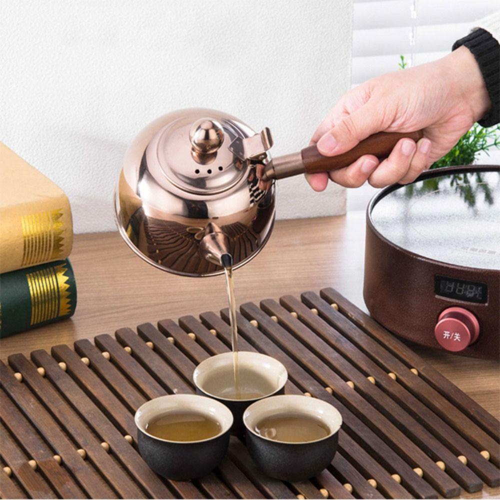 304 Stainless Steel Tea Kettle Side Wooden Handle Flat Bottom Boiling Water Kettle Chinese Retro Teapot Induction Cooker
