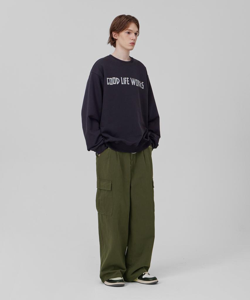 GLW Wide Big Pocket Elastic Waist Cargo Pants Khaki