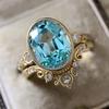 Bridal Wedding Love Water Drop Shining Design French Romantic Horse Eye Blue Zircon Ring Trendy  Elegant Jewelry