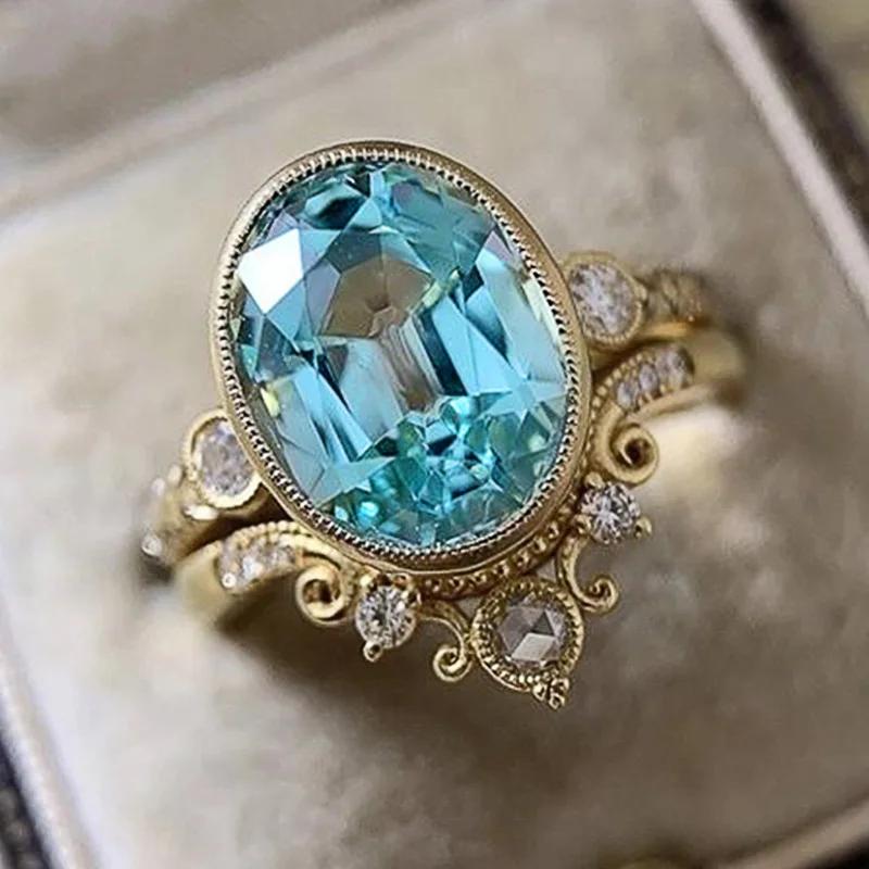 Bridal Wedding Love Water Drop Shining Design French Romantic Horse Eye Blue Zircon Ring Trendy Elegant Jewelry