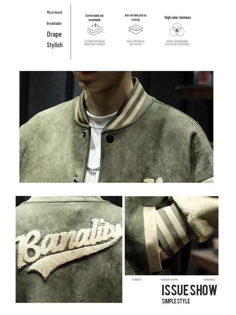 Men's Suede Embroidered Retro Bomber Jacket - Spring/Autumn
