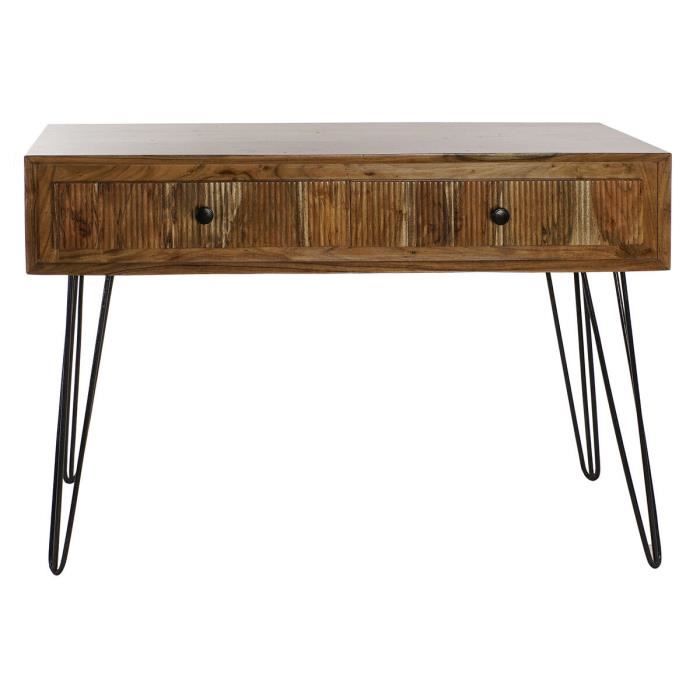 Console - Moderne - Bois d'acacia marron - Métal noir - 2 tiroirs - 118 cm