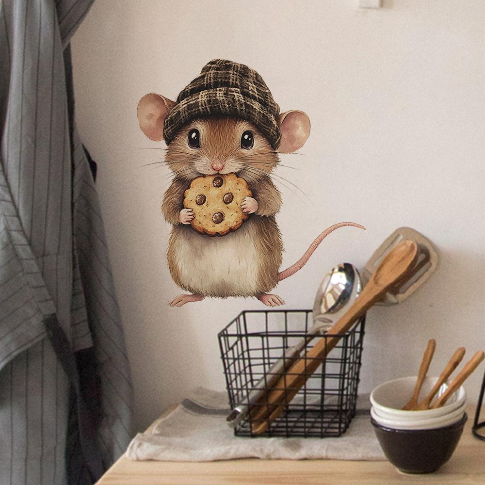 Cartoon Mouse Eating Cookie Wall Sticker for Bedroom Living Room Home Background Decor Self-Adhesive Removable Decal